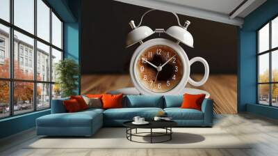 Alarm clock with cup of coffee 2 in 1. Morning tradition concept. The morning starts with coffee. Wall mural