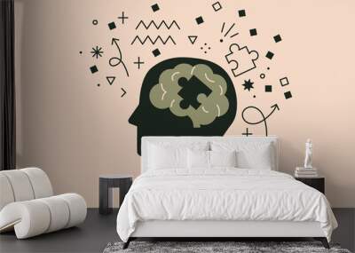 Alzheimer, trauma, autism, memory loss, dementia, epilepsy disease vector illustration with doodles. Human brain lacking a piece of puzzle. Concept of  brain function. Abstract human head profile Wall mural