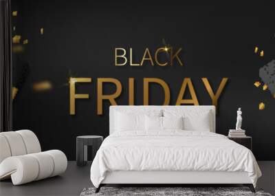 Black Friday Sale Banner. Realistic black gifts boxes with golden elements. Modern design Wall mural