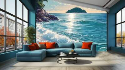 Blue sea washing a tropical beach on a cloudy day Wall mural