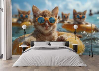 cat in the water. Two cute little cats wearing swimming goggles and floating rings on the sea. summer, vacation, sea, vacation, recreation, two little kittens playing together Wall mural