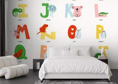 Children's educational poster alphabet with animals English. Simple minimalistic graphics, muted light colors. Wall mural