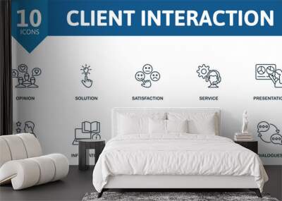 Client Interaction thin line icon set. Opinion, Solution, Satisfaction, Service, Presentation, Experience, Information, Complaints, Deal, Dialogues icons and more Wall mural