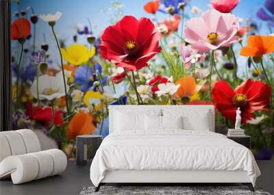 Colorful wildflowers in full bloom, including red and pink cosmos, blue corn poppies, yellow daisies, white snowdrops and green meadow grasses. Wall mural