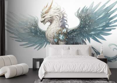 Crystal gryphon watercolor illustration - Generative AI. White, blue, gryphon, crystal, wings. Wall mural