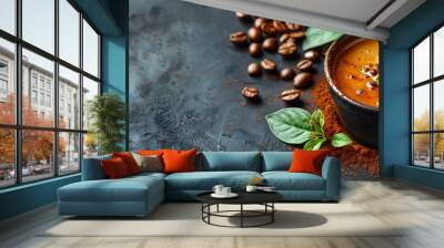 Cup of hot coffee, coffee beans. Roasted coffee grain.  gray background. Top view. Copy space Wall mural