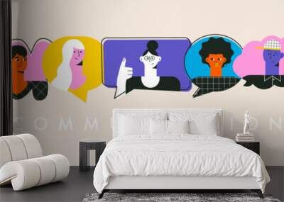 Diversity man and woman talking together. Different people with speech bubbles. Expressing opinion, communication concept. Teamwork, connection. Colorful flat vector illustration Wall mural