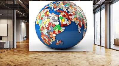 Earth covered in a mosaic of puzzle photo realistic illustration - Generative AI. Wall mural