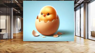 easter egg with chicken, cute chicken peeking out of a broken egg on a blue background Wall mural