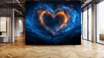 Fiery heart in the starry night. Valentine’s Day greeting, love confession, romantic relationships, heart, cosmos, night, celestial, nebula, galactic. Wall mural