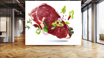 Fresh raw tasty meat steak cow pork fly vegetables health food Wall mural