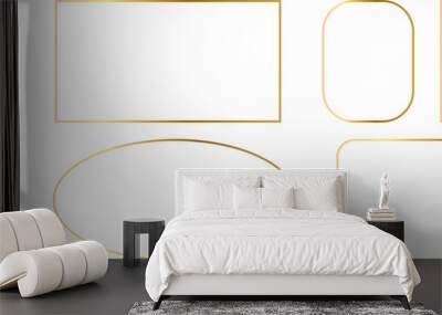 Gold shiny glowing frames set. Pack of luxury realistic square, round, oval borders. PNG Wall mural