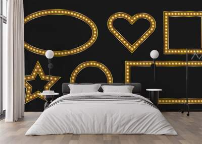 Gold square and oval frames with marquee bulb. Vintage shiny signboard with neon light. Warm led lit. Wall mural