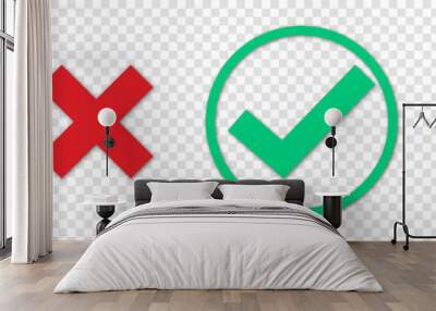 Green check mark, red cross mark icon. Design for web and mobile apps. Vector stick symbols, checklist signs, approval badge isolated on transparent background Wall mural