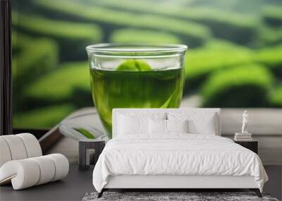 Green tea with mint in a glass cup on a background of a green field. Beautiful landscape, freshness, hot drink Wall mural