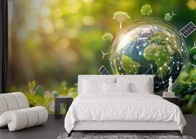 Green world environment day sustainable development: earth globe surrounded by renewable energy sources Wall mural