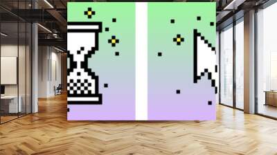 Hand click cursor, diskette, pointer icon. Set of pixels elements. Y2k trendy stickers. Mood of 90's aesthetics. 8-bit retro style vector illustration. Neon gradient background. Geometric brutalism UI Wall mural