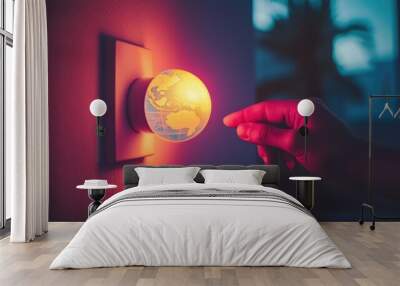 Hand holding earth globe near light switch at night Wall mural