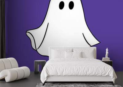 Happy Halloween greeting card with a simple ghost in a sheet isolated on purple background. Vector illustration Wall mural