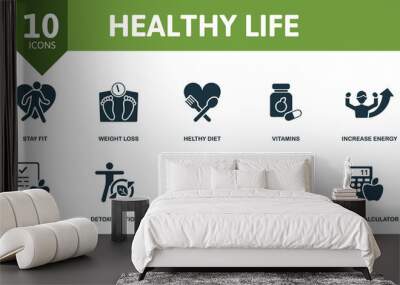 Healthy Lifes icon set. Collection contain vitamins, weight loss, increase energy, healthy diet and over icons. Healthy Lifes elements set Wall mural