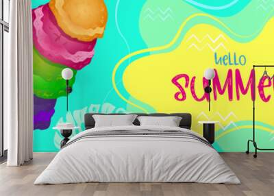 Hello summer. Colorful summer background with ice cream, banner design. Horizontal poster, greeting card, website header in bright color. Stylized elements on the background, feeling of heat, holiday Wall mural