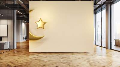 Horizonal 3d render background with islamic gold moon and star for Hari Raya banner. Muslim greeting card with golden crescent. Simple graphic design in arabian style Wall mural