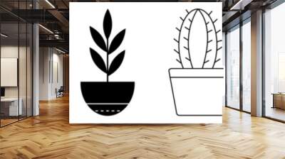 House plants collection. Cactus and leaves in the pots for home decor. Vector illustration isolated on white background Wall mural