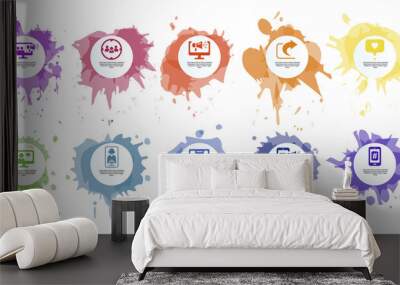 Infographic Social Media template. Icons in different colors. Include Like, Audience, Boosted Post, Feed and others. Wall mural