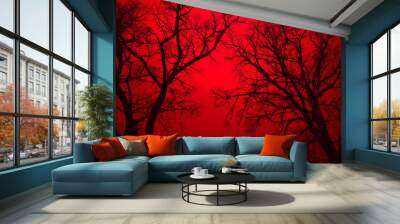 Leafless Oak tree branches silhouette. Black and red. Natural oak tree branches silhouette on a red background. Silhouettes of a dark gloomy forest with textured trees. Gothic background.  Wall mural