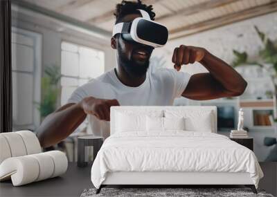 African-American man doing sports, boxing in virtual reality glasses, modern interior. Sports, modern technology, escapism, diversity. Close-up, bokeh in the background. Wall mural