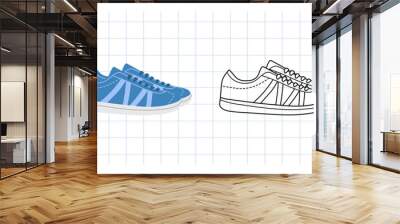 Classic y2k, 90s and 2000s aesthetic. Flat and outline style retro sneakers, sneakers, sports shoes, vintage element. Hand-drawn vector illustration on background of checkered notebook sheet. Wall mural