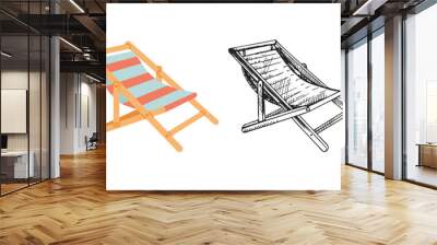 Cute hand drawn beach chair. Flat and outline black vector illustration isolated on white background. Doodle drawing. Wall mural