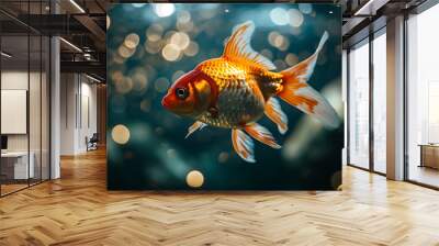 Goldfish swimming in the water, close up view, copy space. Photorealistic nature background with bokeh effect. Wall mural