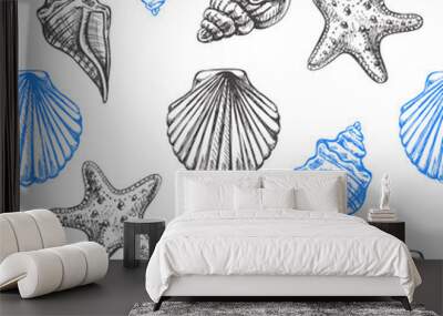 Hand drawn vector illustrations - seamless pattern of seashells and starfish. Marine background. Perfect for invitations, greeting cards, posters, prints, banners, flyers etc Wall mural