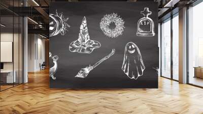 Set of halloween elements in sketch style. Design of witch, creepy and spooky elements for halloween decorations, sketch, icon. Hand drawn vector pointed hat, pumpkin, cauldron, broom, spider, spider Wall mural