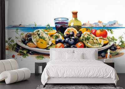 Mediterranean flavor cartoon illustration - Generative AI. Island, house, sea, tomato, grape. Wall mural