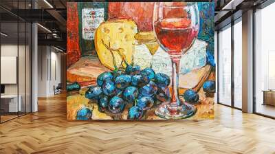 Mediterranean motifs. Still life in rich bright colors, were depicts red wine and cheese. Oil painting on canvas, created by expressive paint strokes. Wall mural