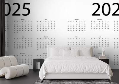 Monthly calendar template for 2025 and 2026 years. Week Start on Sunday. Wall calendar in a minimalist style Wall mural