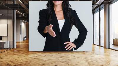 Nice to meet you! Beautiful young businesswoman greeting you and looking at camera with smile while standing against white background Wall mural