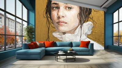 Oil painting. Portrait of a girl on a gold background. The art is done in a realistic manner. Wall mural