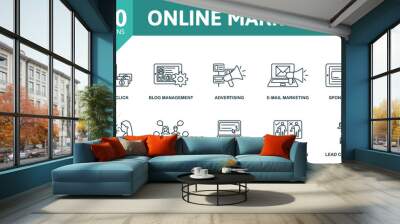 Online marketing outline set. Creative icons: pay per click, blog management, advertising, e-mail marketing, sponsored ad, direct marketing, focus group, web banner, social campaing, lead conversion. Wall mural