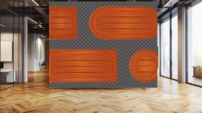 Orange wooden game sign board frame cartoon vector. Wood texture sign board ui panel isolated on transparrent background. Circle shape rustic icon set for farm mobile app gui interface illustration Wall mural