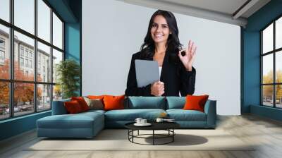 Perfect working day. Beautiful young businesswoman looking at camera and gesturing OK with smile while standing against white background Wall mural