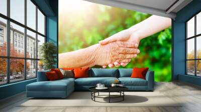 Old and young hold each other's hand, against the blurred background of nature Wall mural