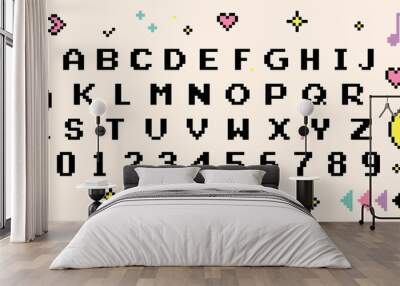 Pixel game font and elements set. 8-bit alphabet symbols, letters and numbers. Y2k. 90's aesthetics.  Oldschool retro nostalgic typeface. Vector illustration Wall mural