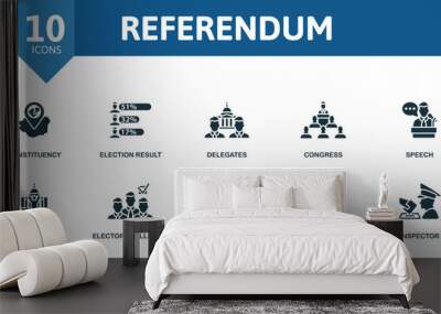 Referendum set. Creative icons: constituency, election result, delegates, congress, speech, inauguration, electoral alliance, observes, vote counting, inspector. Wall mural