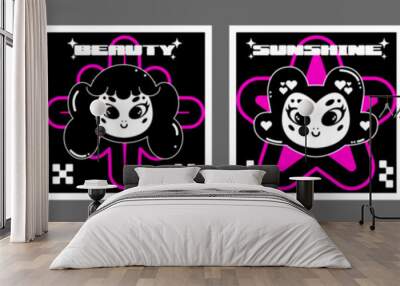 retro girls characters. in cartoon style y2k square posters. elements with stars for 90s design. col Wall mural