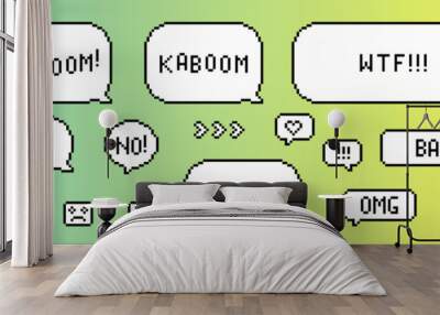 Set of pixel art speech bubbles. Balloon with text Pow, Wow, Yes, No, Boom, Omg, Kaboom, Bang. Pixel dialogue box collection. UI. 8-bit retro style vector illustration Wall mural