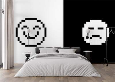 Set of pixel smile icons. Various emoji. Sad and happy faces. Pixels Y2k trendy stickers. Black and white colors. 8bit retro elements in the mood of 90's aesthetics. Vector illustration Wall mural