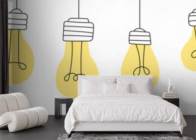 Set of yellow light bulbs different shapes isolated on white background cartoon vector illustration. Hanging light bulbs turned on Wall mural